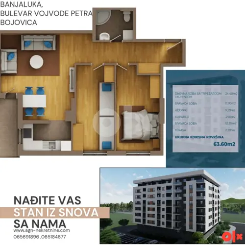Stan sa 2 sobe  Borik, 63.60m2