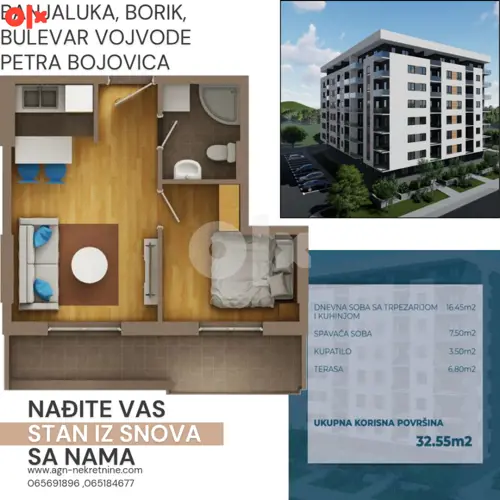 Odlicna ponuda, STAN SA 1 SOBOM, 32.55M2, BORIK
