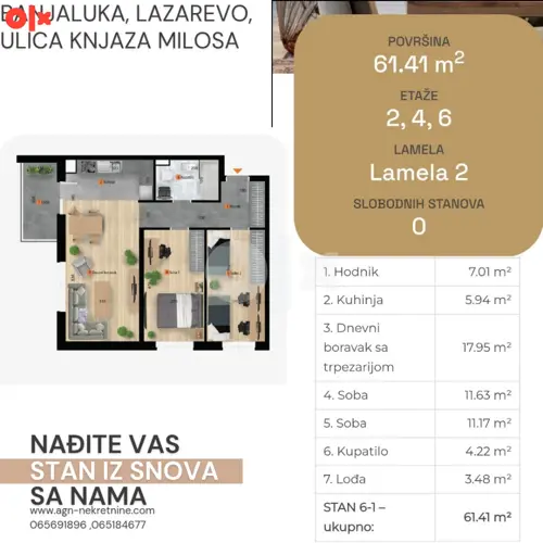Odlican dvosoban stan 61.41m2, Lazarevo